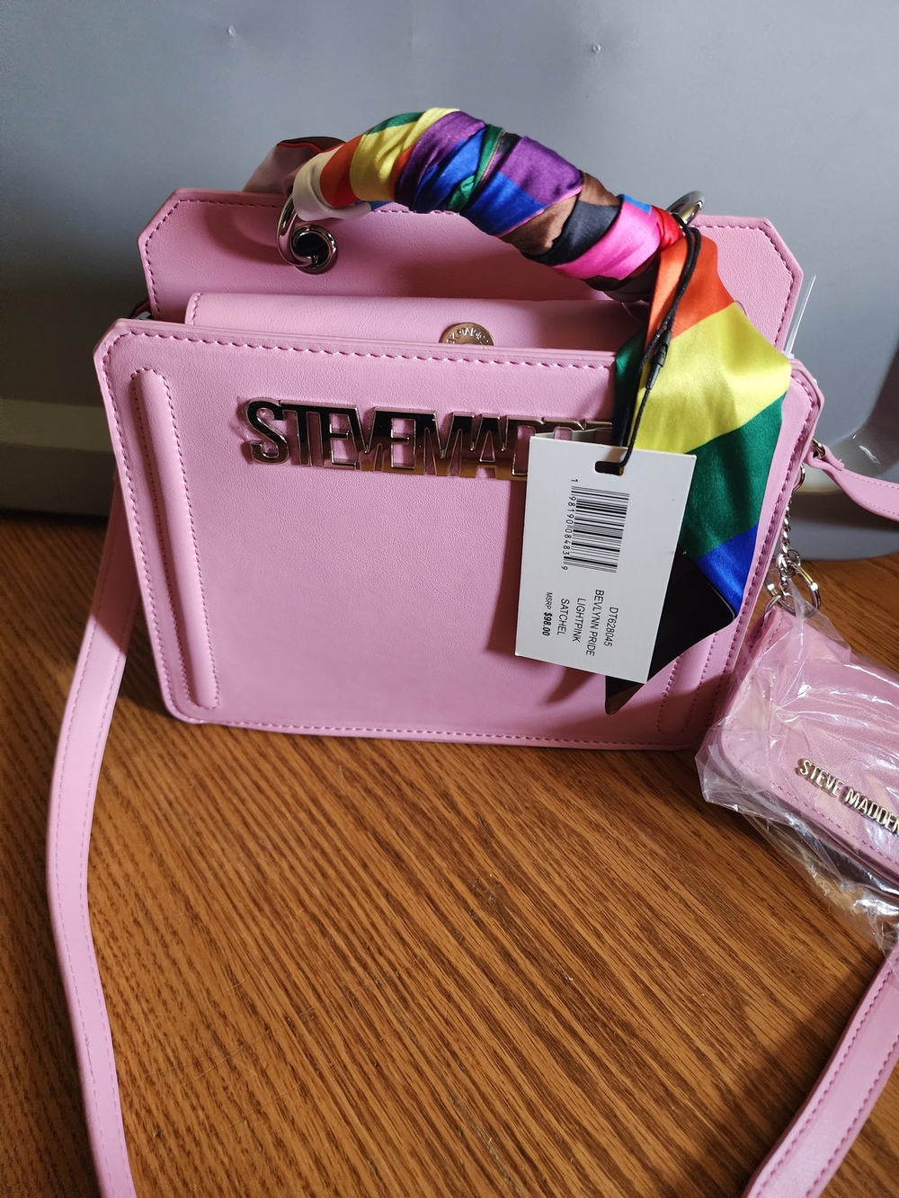 Steve Madden Pink Faux-Leather Top-Handle Crossbody with Rainbow Scarf